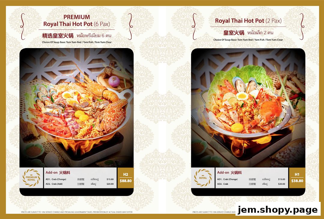 A menu showcasing two sizes of Royal Thai Hot Pot with various seafood and add-on options.