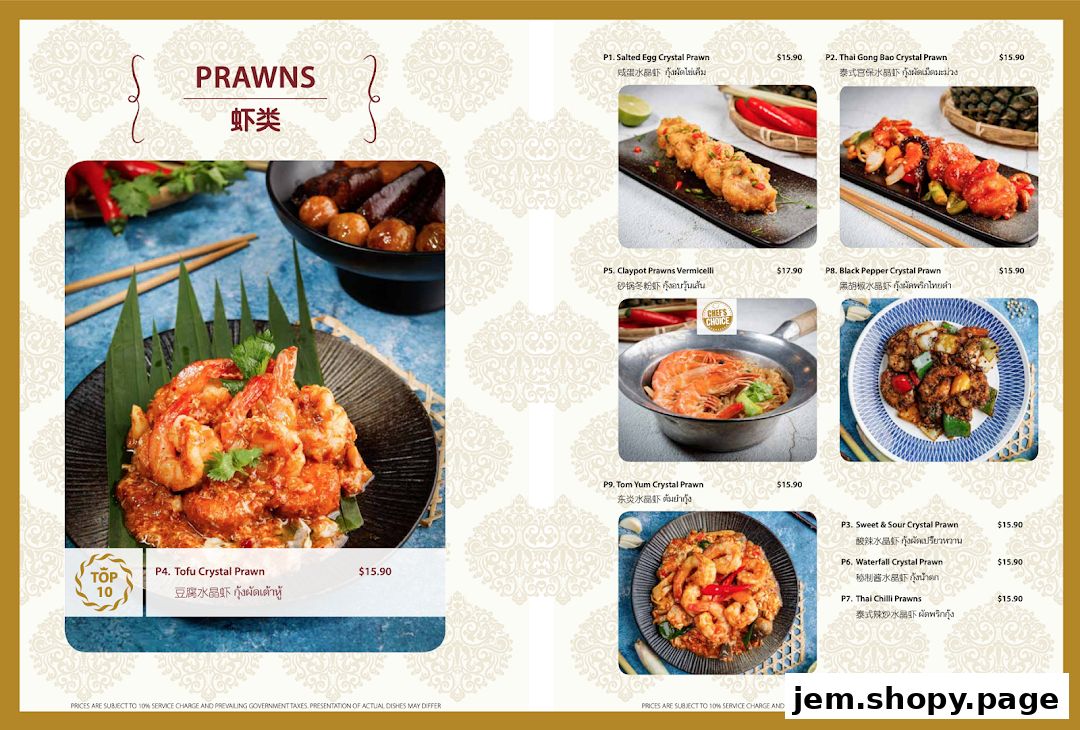 A menu page showcasing various prawn dishes with enticing images and descriptions.
