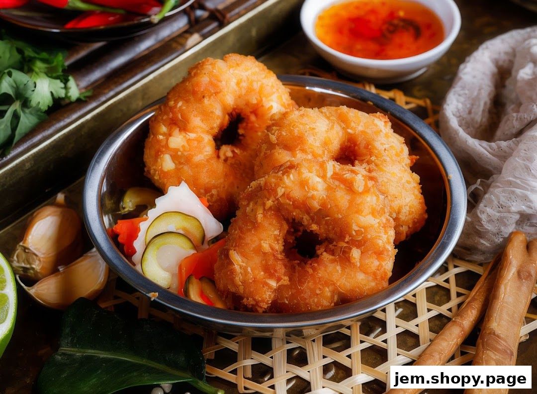 Crispy fried shrimp rings served with pickled vegetables and a side of chili sauce.