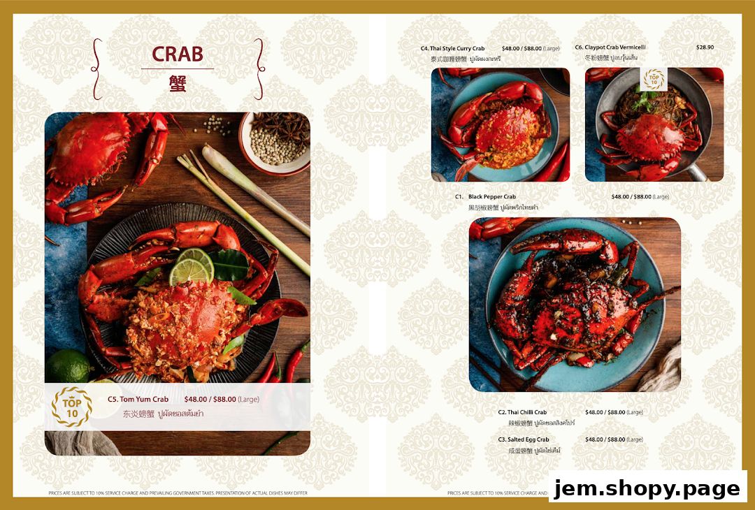 A menu showcasing various crab dishes with appetizing images and prices.