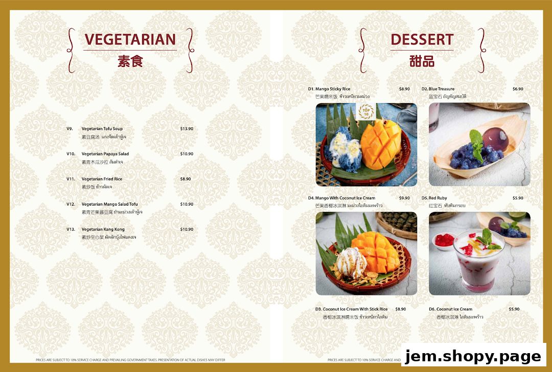 A menu page featuring vegetarian dishes and desserts from Soi Thai Soi Nice JEM.