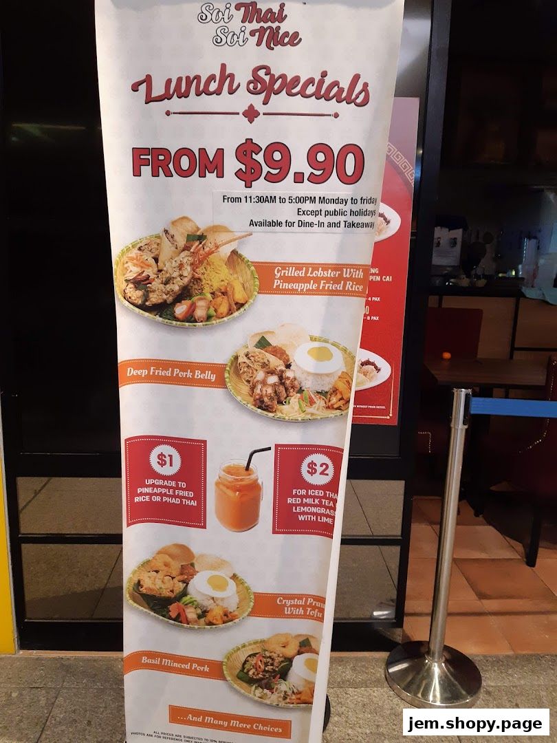 A banner advertising lunch specials from Soi Thai Soi Nice, featuring various Thai dishes and drinks.