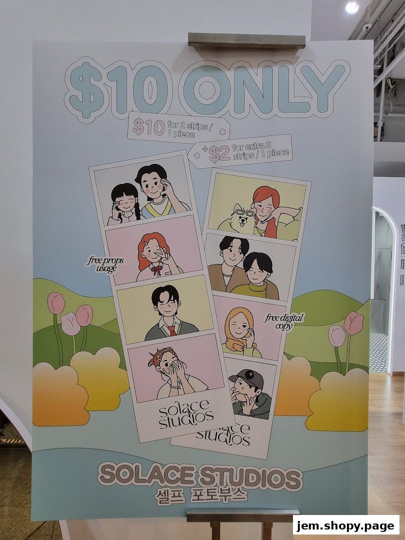 A poster advertising Solace Studios' photo booth services with pricing and cartoon illustrations.