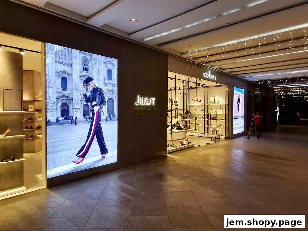 The exterior of the Sole Lovers shoe store with a large digital display.