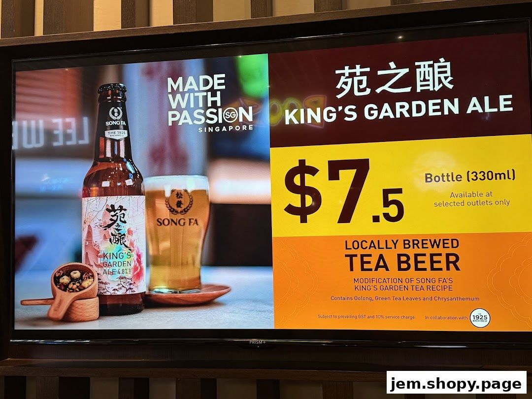 A digital display shows Song Fa's King's Garden Ale, a locally brewed tea beer.