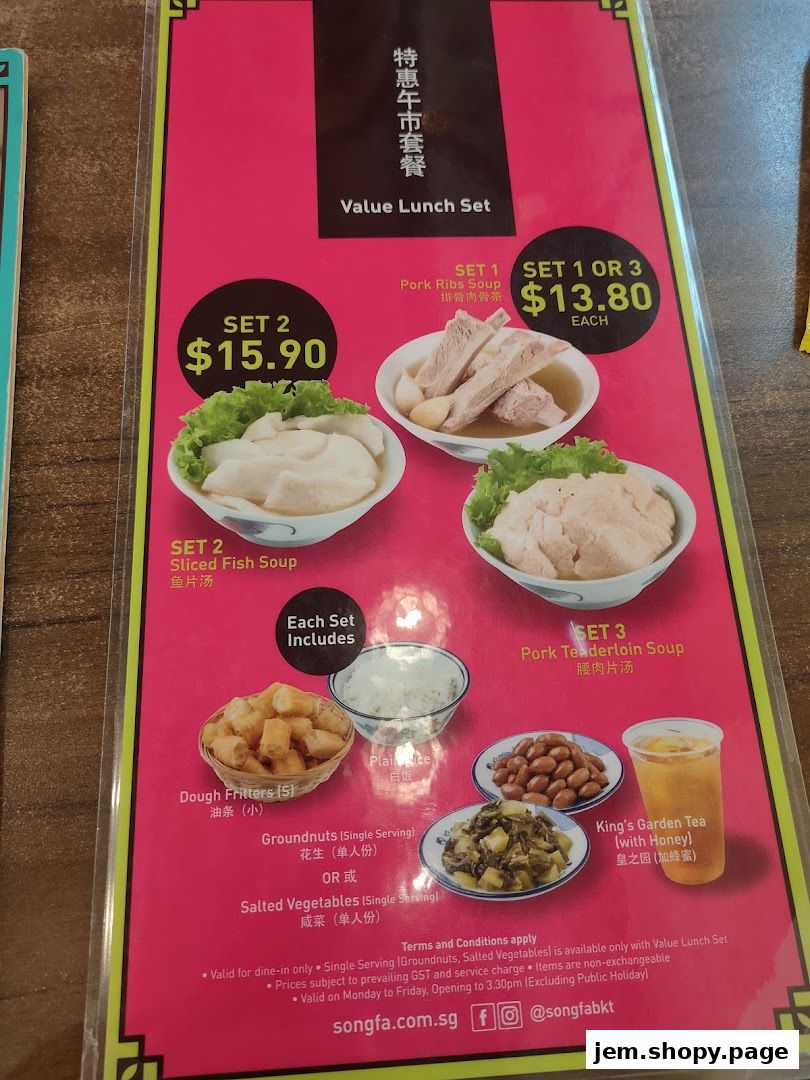 A menu for Song Fa Bak Kut Teh's Value Lunch Set featuring various soup sets and side dishes.