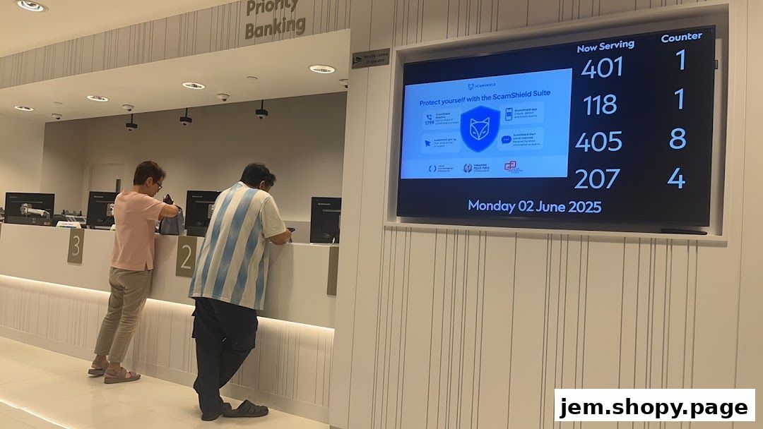 Customers at a bank counter with a digital display showing queue numbers and security information.
