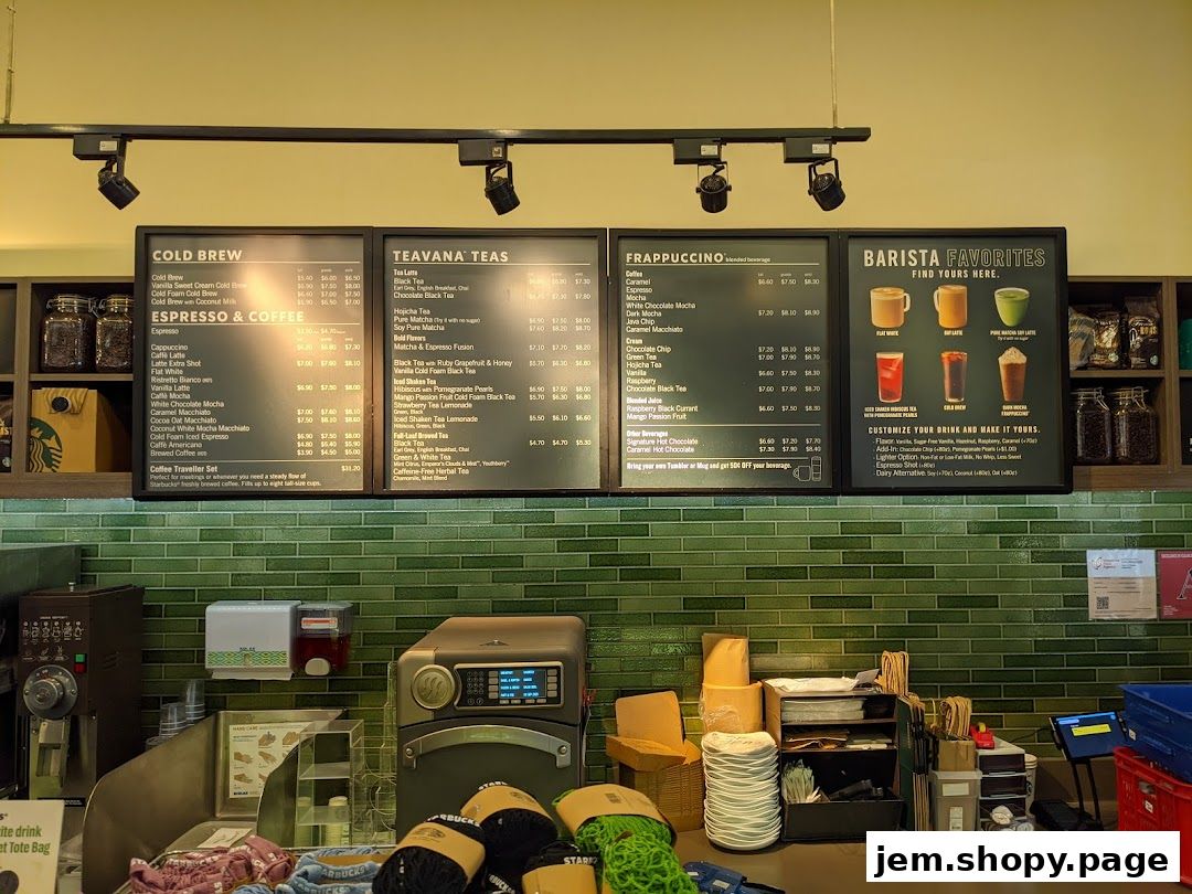 A Starbucks menu board displaying cold brew, espresso, teas, and Frappuccinos.