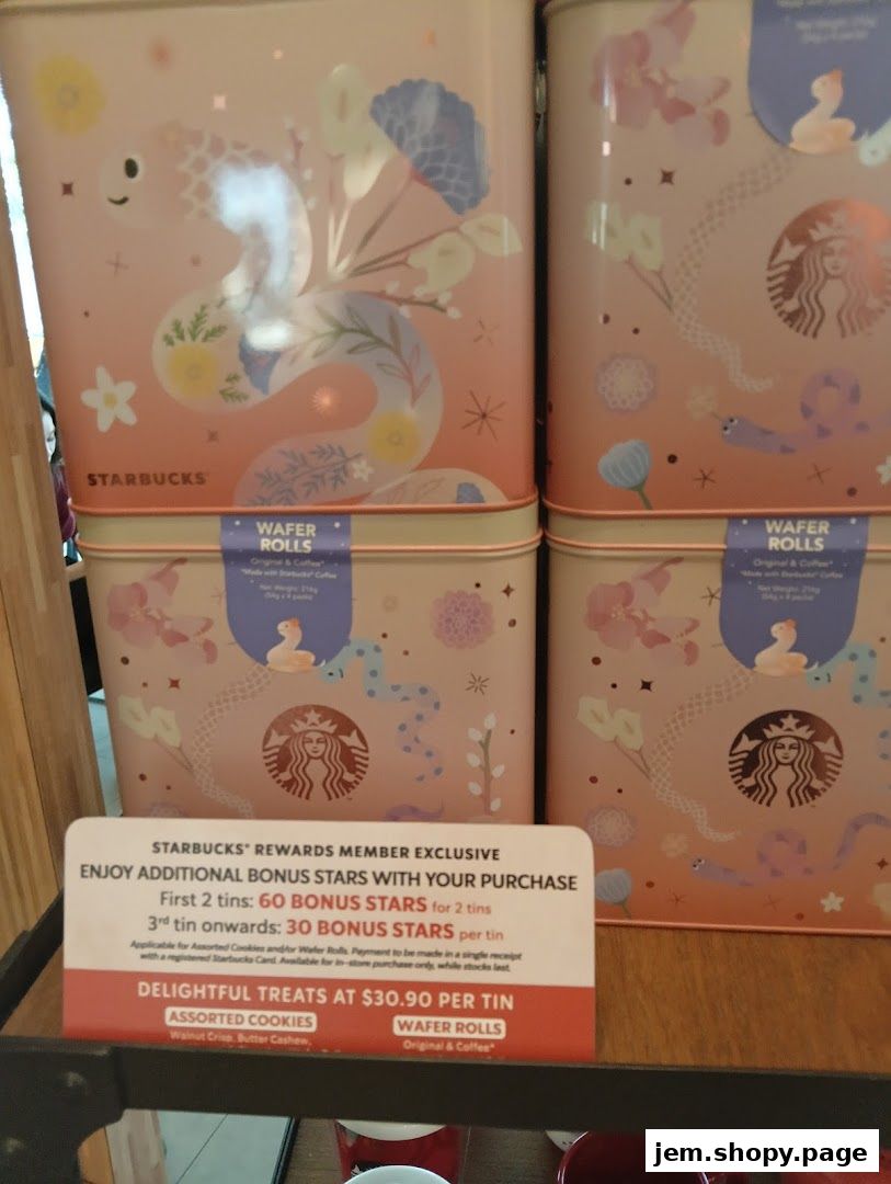 Starbucks tins with floral and snake designs, featuring a promotion for bonus stars.