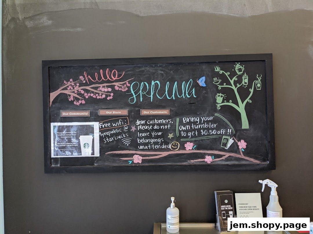 A chalkboard sign at Starbucks announcing spring and offering a discount for bringing your own tumbler.