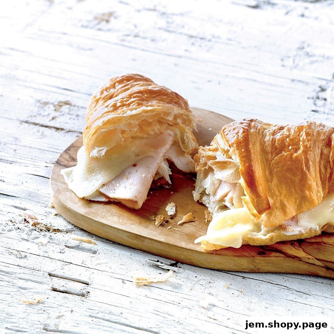 A delicious turkey and cheese croissant sandwich on a wooden board.