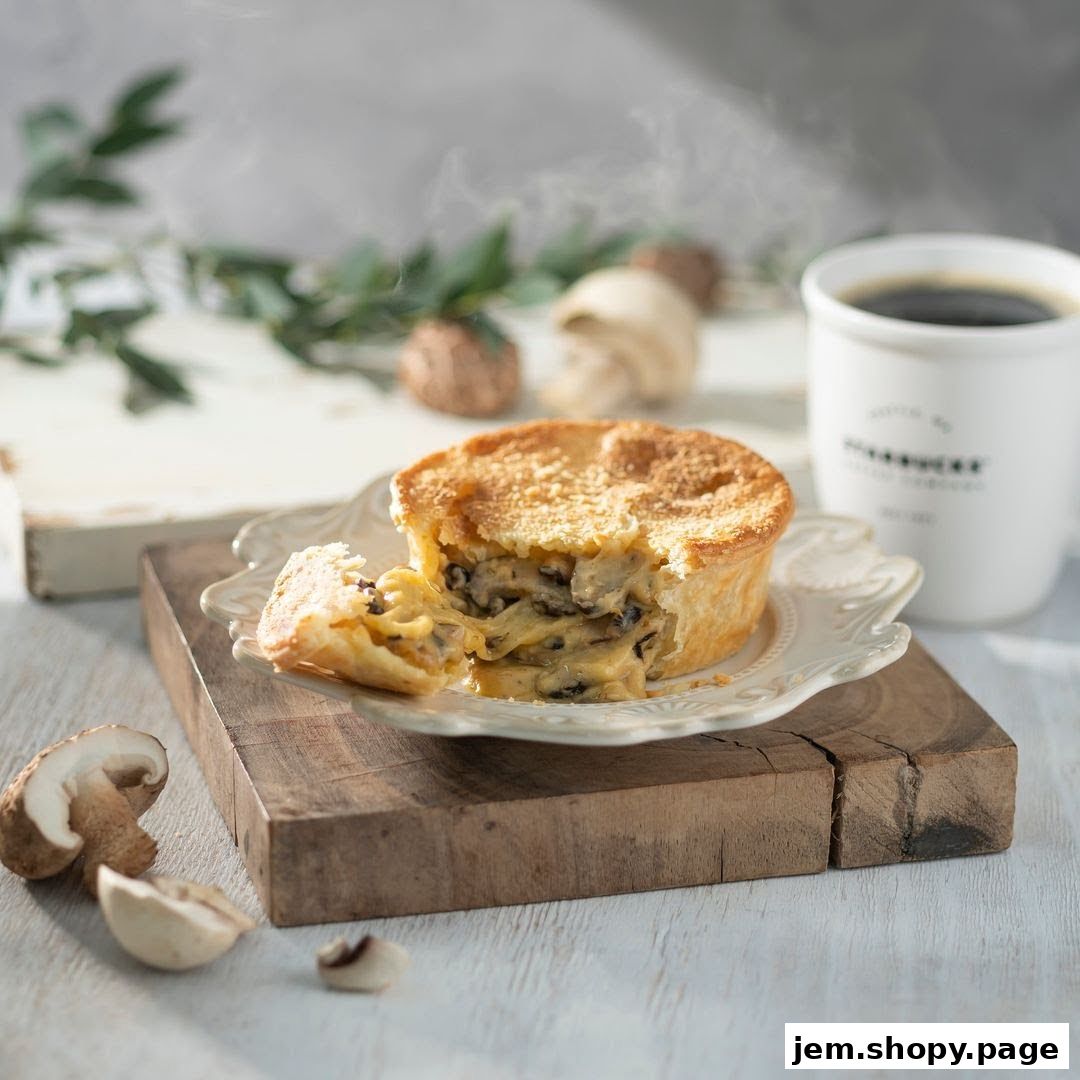 A steaming mushroom pie served with a cup of coffee on a wooden board.