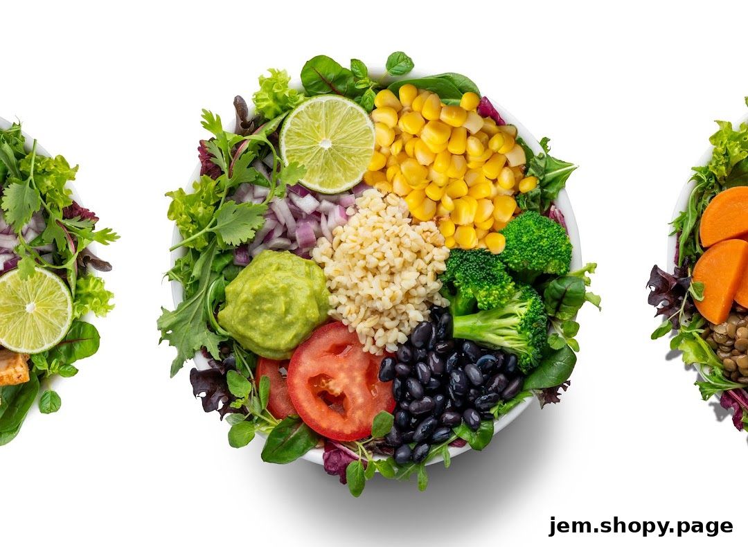 Three vibrant and healthy salad bowls filled with fresh ingredients and colorful vegetables.
