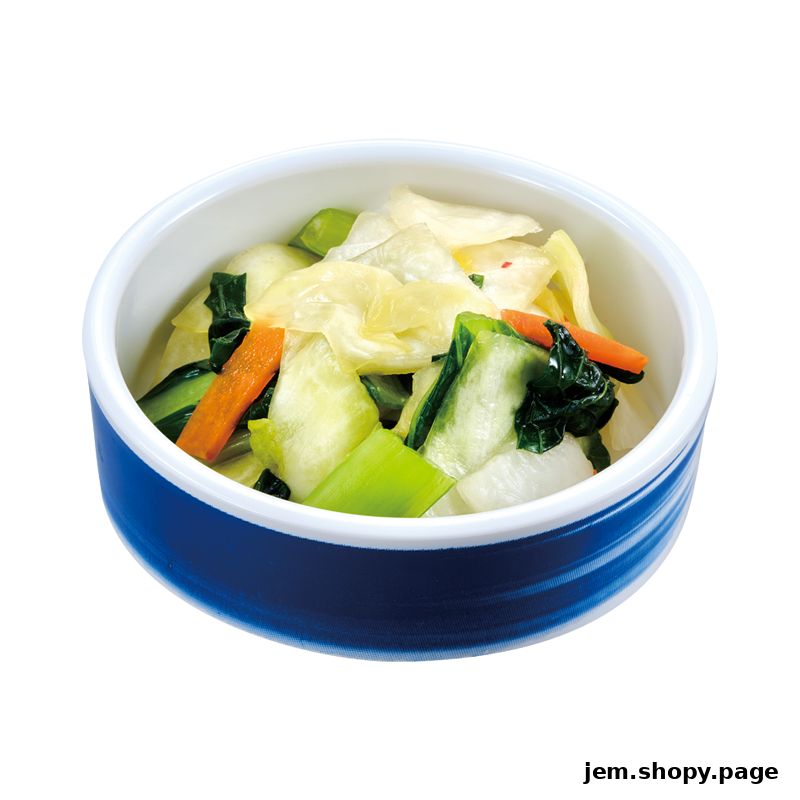 A bowl of pickled vegetables with cabbage, carrots, and greens.