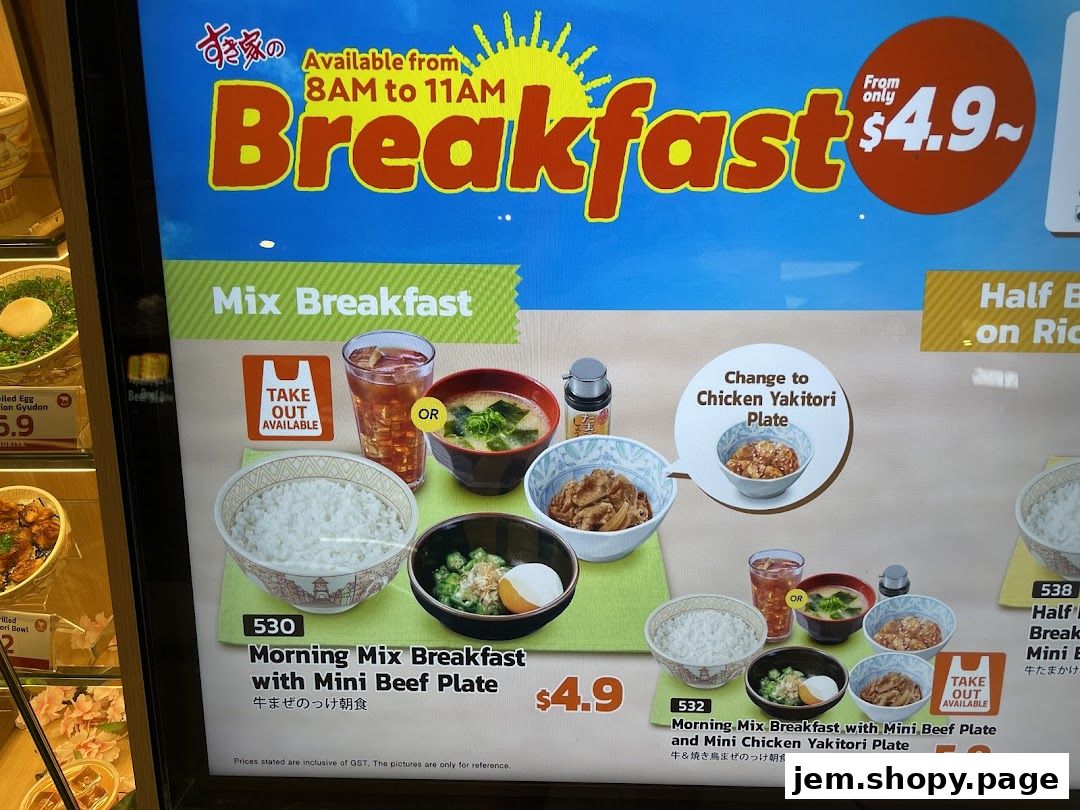 Sukiya Gyudon Curry JEM breakfast menu featuring mix breakfast options with beef and chicken.