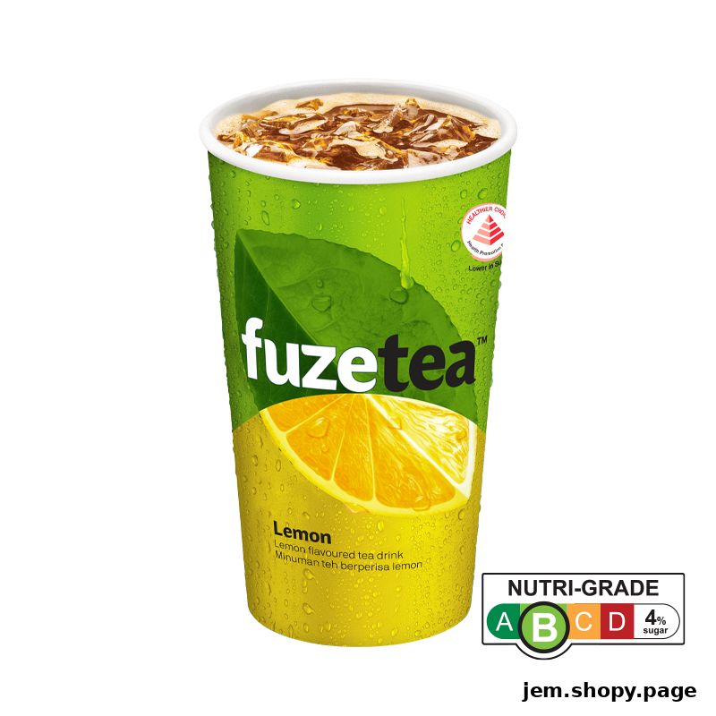 A refreshing cup of Fuze Tea Lemon with ice and a slice of lemon.