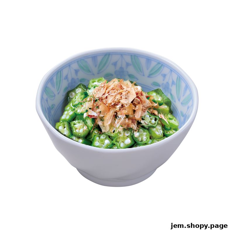 A bowl of sliced okra topped with bonito flakes.