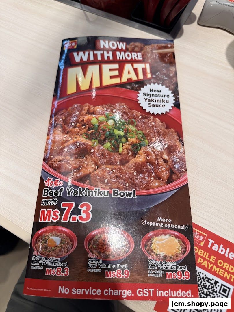 A menu flyer for Sukiya Gyudon & Curry featuring their Beef Yakiniku Bowl.