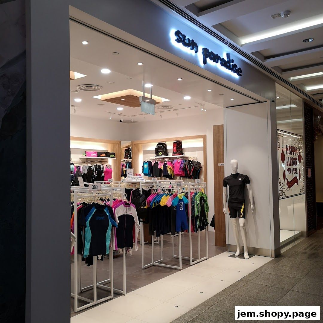 The Sun Paradise shop displays swimwear and accessories, with a mannequin at the entrance.