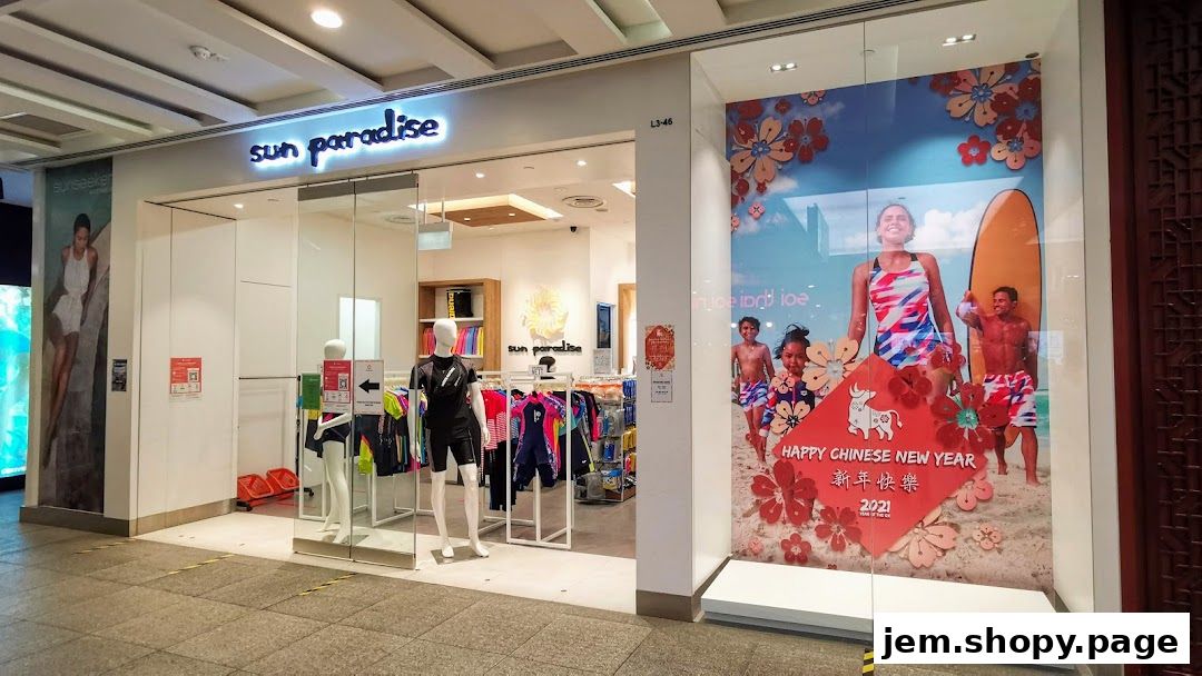 The exterior of the Sun Paradise shop, showcasing swimwear and a festive Chinese New Year display.