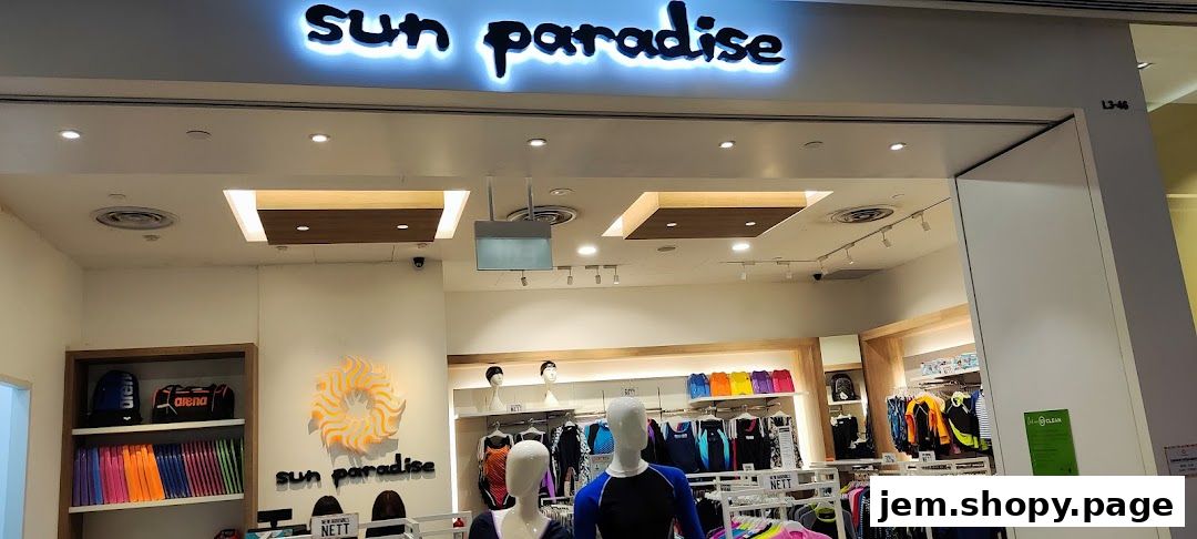 The exterior of the Sun Paradise shop, showcasing swimwear and accessories.