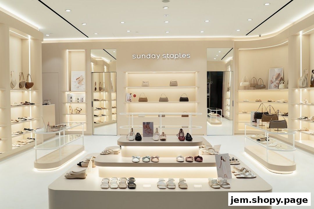 Interior view of Sunday Staples shoe and handbag store with elegant displays.