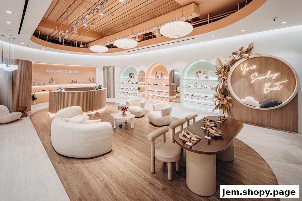 Interior of a stylish shoe store with pastel arches displaying footwear and comfortable seating.