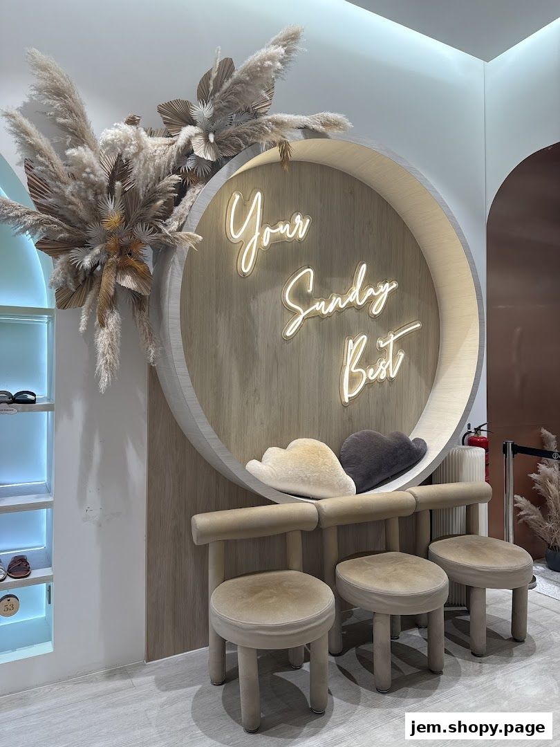 A stylish shop interior with neon sign, plush stools, and decorative dried flowers.