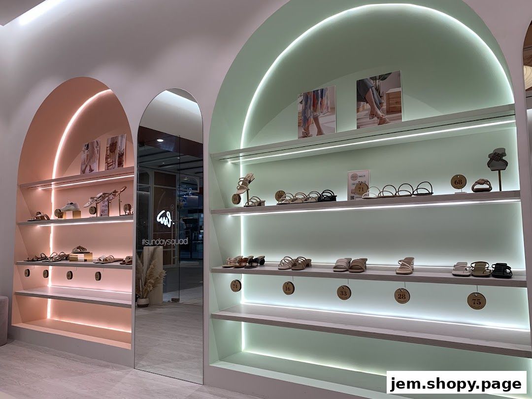 A stylish shoe store display featuring sandals on illuminated shelves.