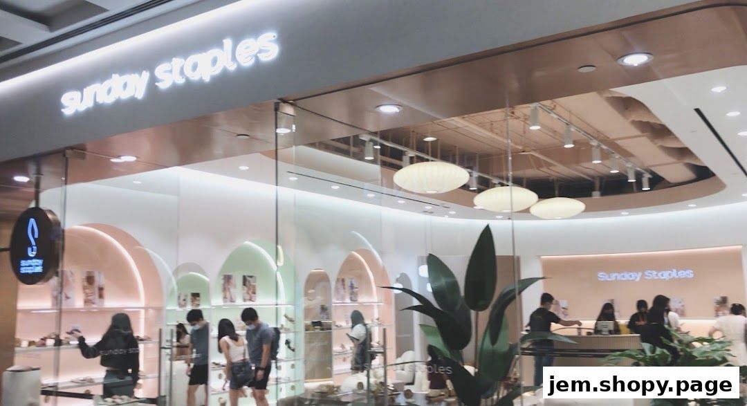 The exterior of the Sunday Staples shoe store, showcasing its modern interior and displays.