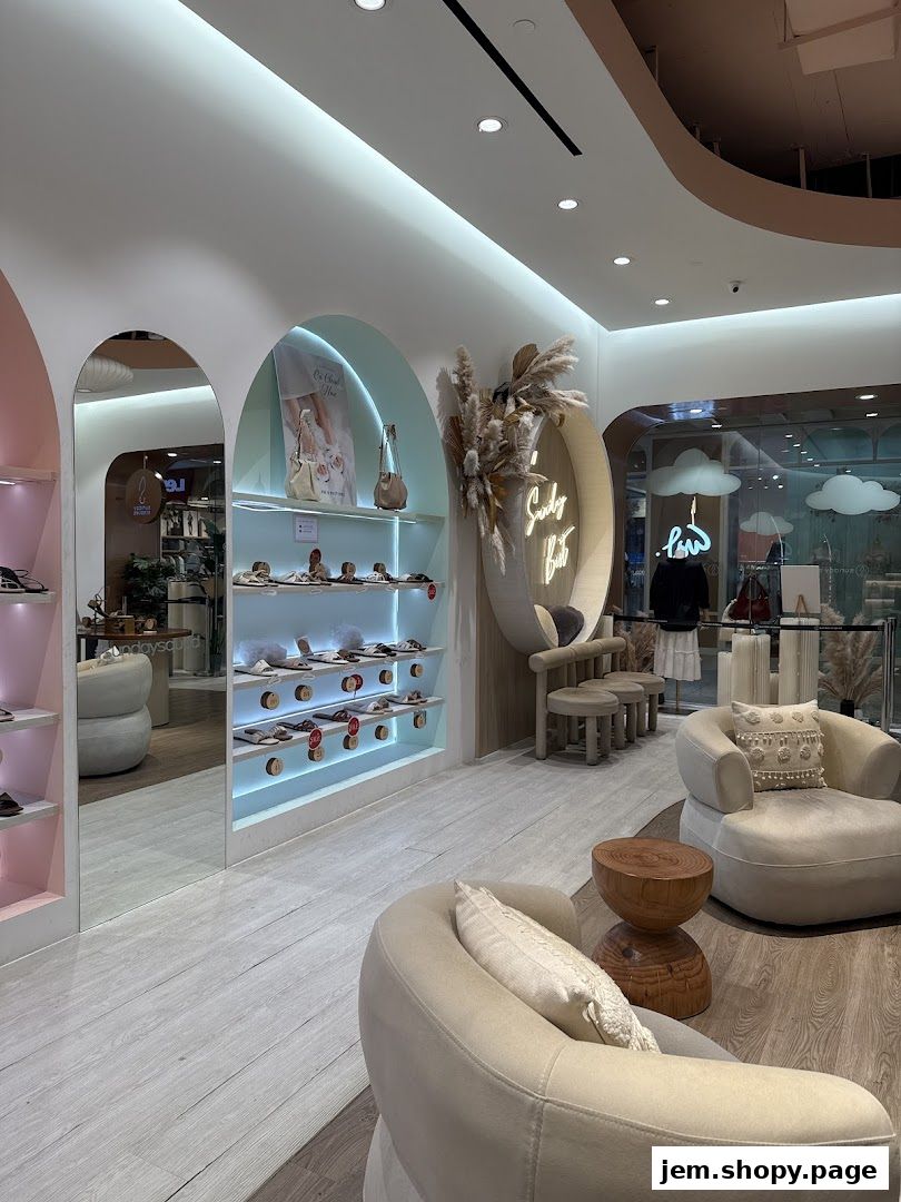 Interior view of a stylish shoe store with comfortable seating and a display of sandals.