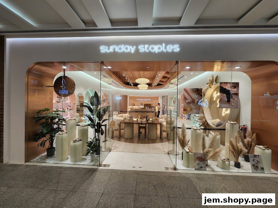 The inviting storefront of Sunday Staples, showcasing stylish footwear and a modern, airy interior.
