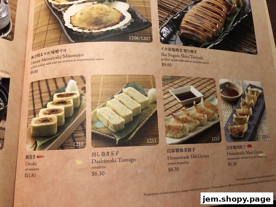 A menu page from Sushi Tei featuring various Japanese dishes with images and prices.