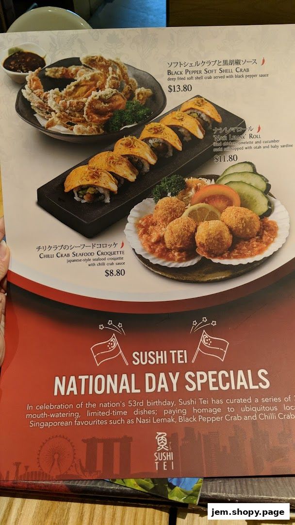 A menu from Sushi Tei featuring National Day Specials with images of food.