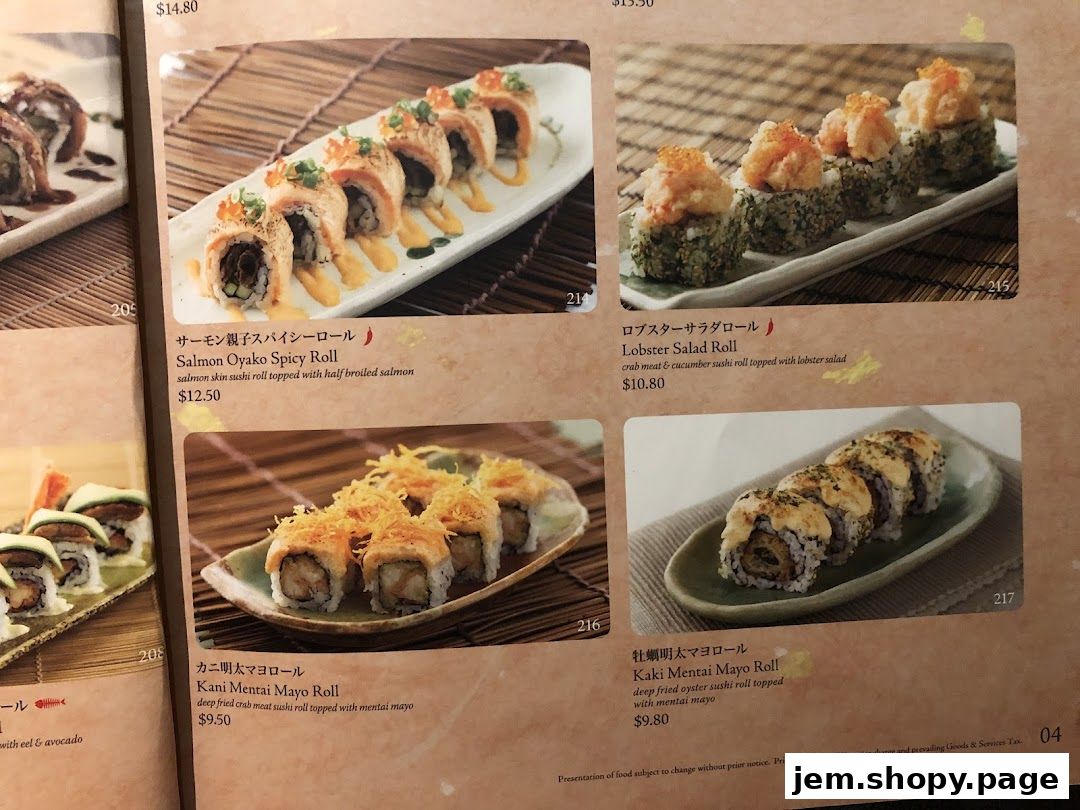 A menu page from Sushi Tei featuring various sushi rolls with appetizing images and descriptions.