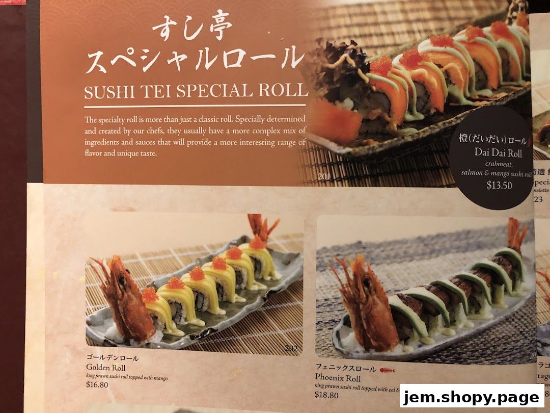 A menu page from Sushi Tei featuring special sushi rolls with descriptions and prices.