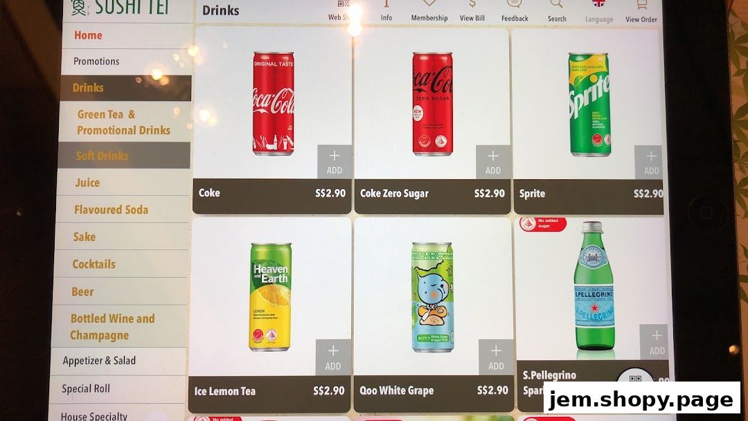 A digital menu displaying various drinks offered at Sushi Tei, including sodas and teas.