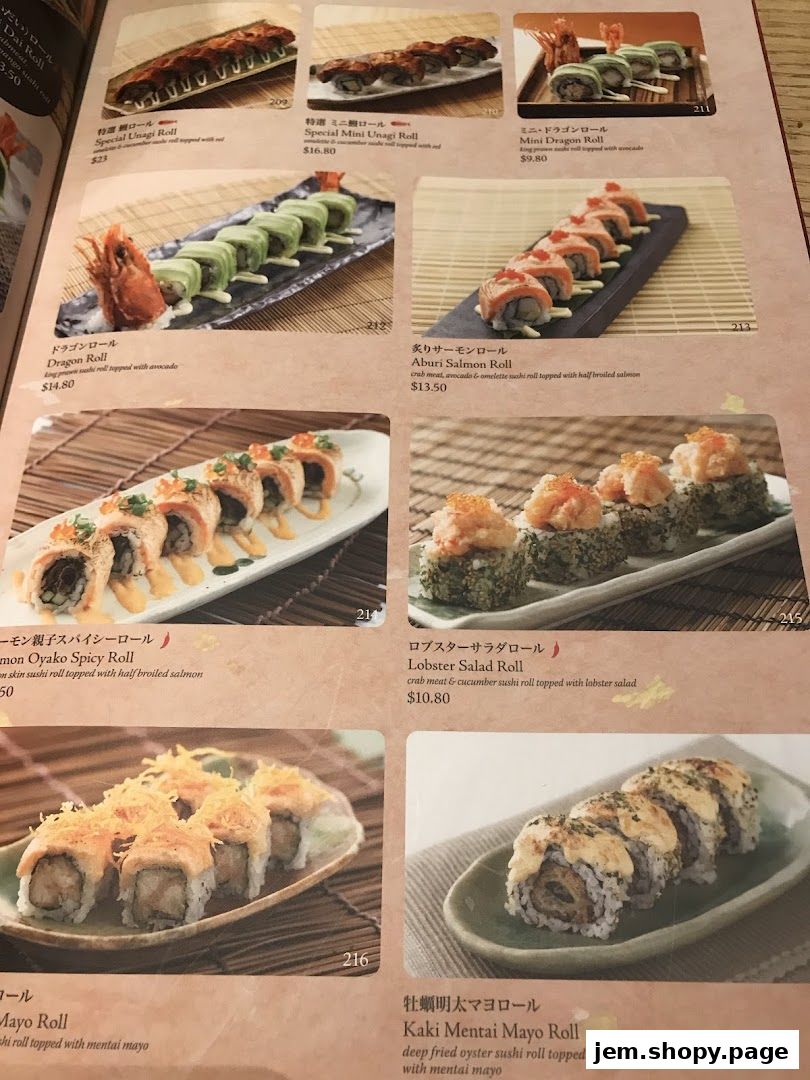 A menu page showcasing various sushi rolls with appetizing images and descriptions.