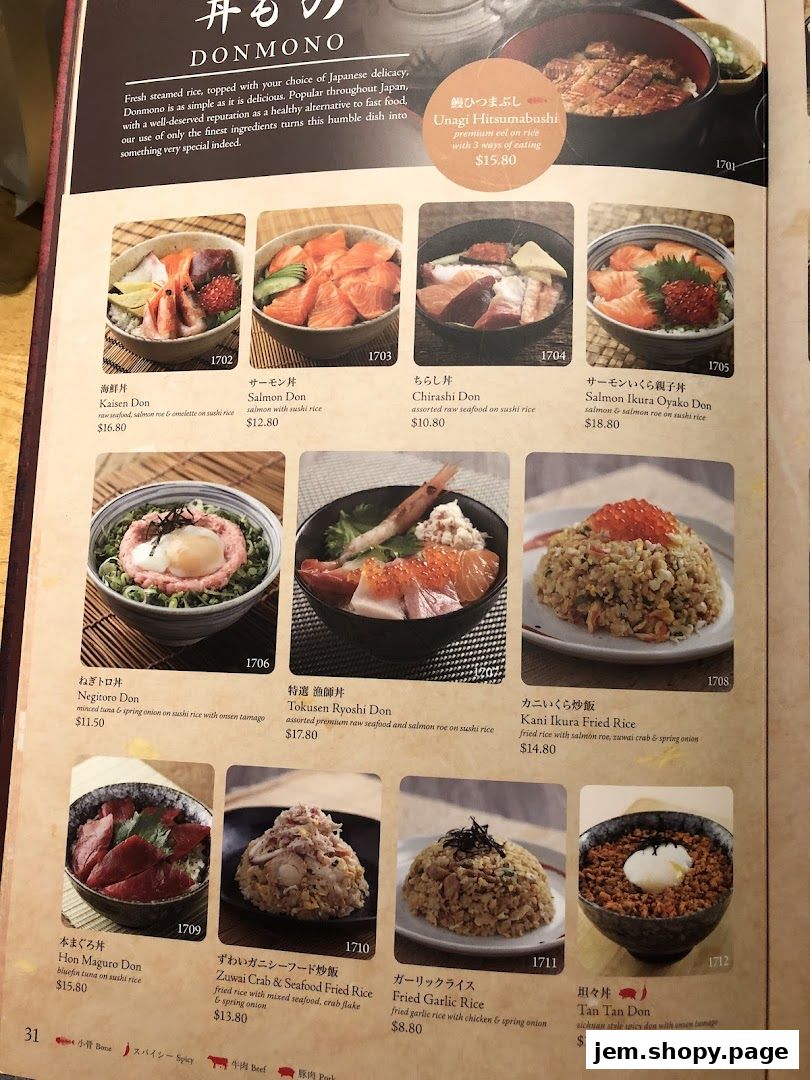 A menu page from Sushi Tei featuring various Donburi and fried rice dishes.