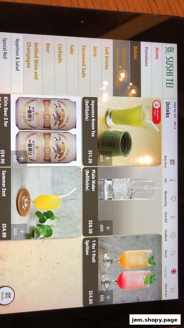 A digital menu displaying drinks and food items from Sushi Tei.