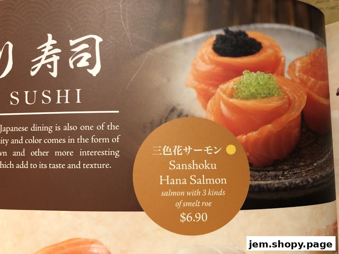 A menu page showcasing a salmon sushi dish with roe and black caviar.