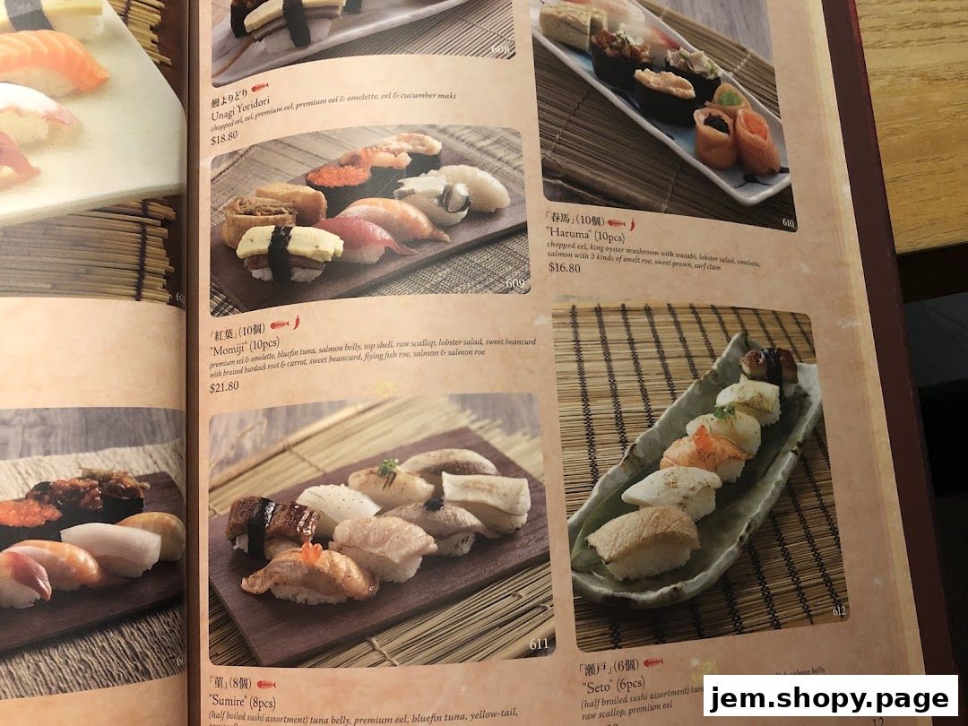A menu page from Sushi Tei featuring various sushi assortments with descriptions and prices.