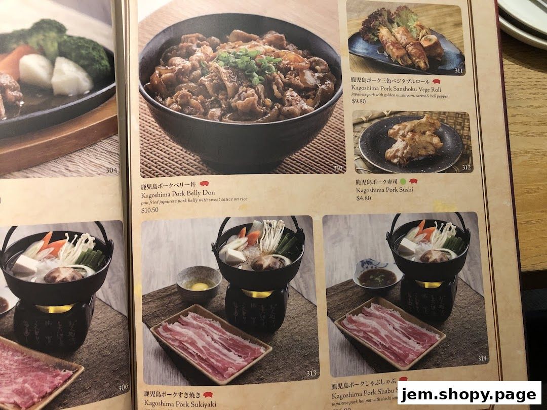 A menu page from Sushi Tei featuring various pork dishes like donburi, sushi, and hot pot.