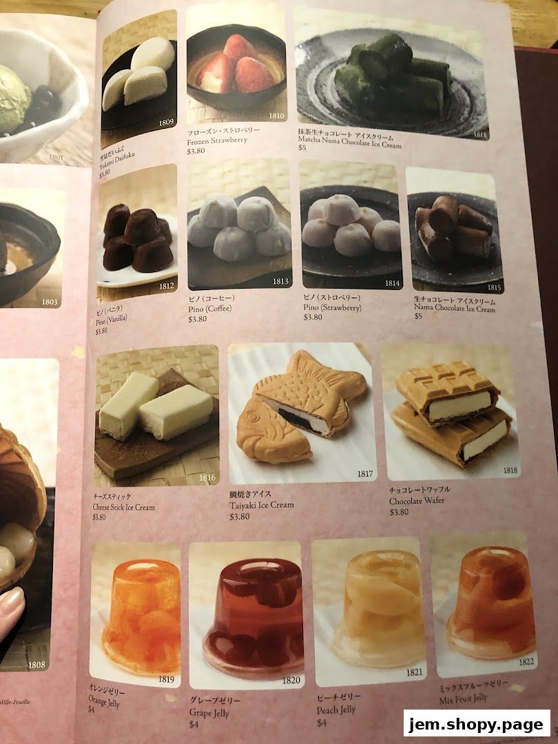 A menu page from Sushi Tei featuring various desserts like ice cream, mochi, and jellies.