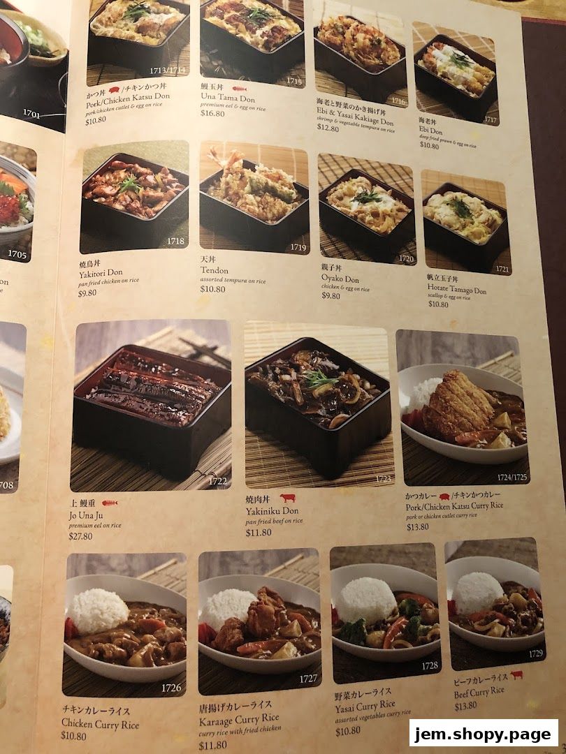 A menu page from Sushi Tei featuring various donburi, curry rice, and other Japanese dishes.