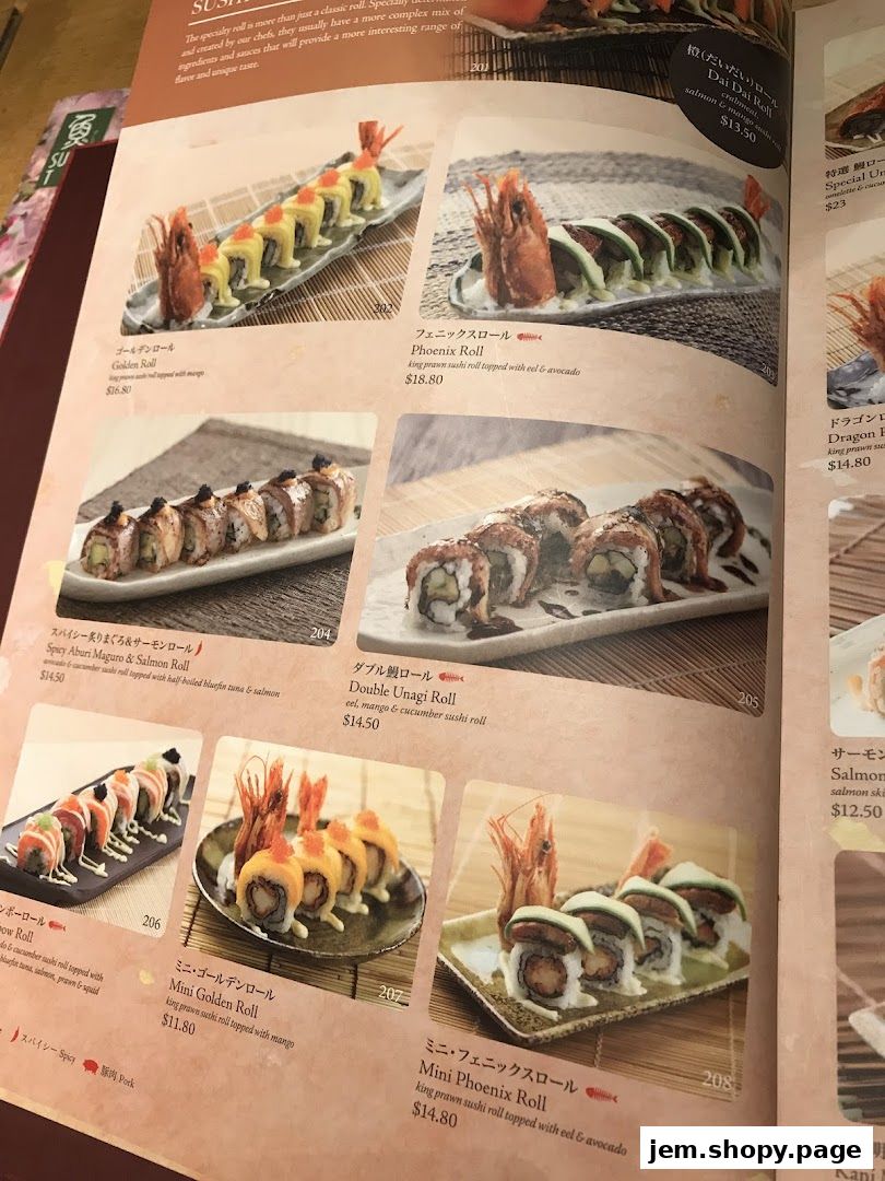 A menu page from Sushi Tei featuring various sushi rolls with enticing images and descriptions.