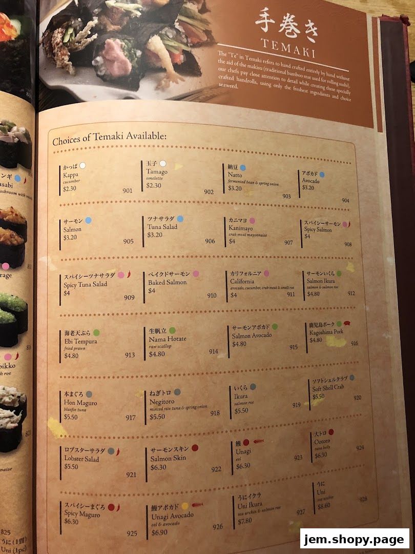 A menu page showcasing various Temaki sushi options with descriptions and prices.