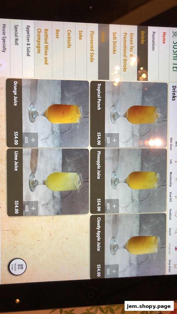 A digital menu displaying various juices and drinks from Sushi Tei.
