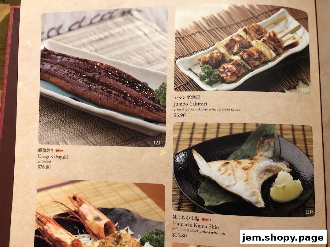 A menu page from Sushi Tei featuring grilled eel, chicken skewers, and grilled fish cheek.