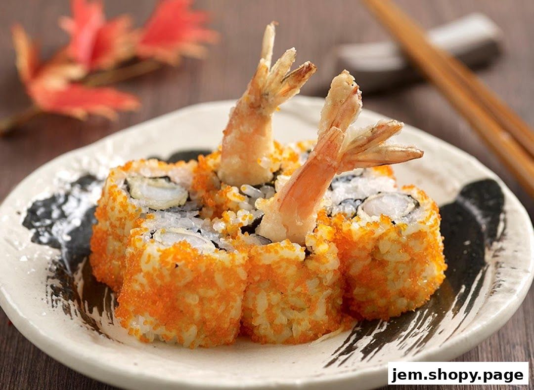 A plate of sushi rolls with tempura shrimp and orange roe, garnished with a decorative leaf.